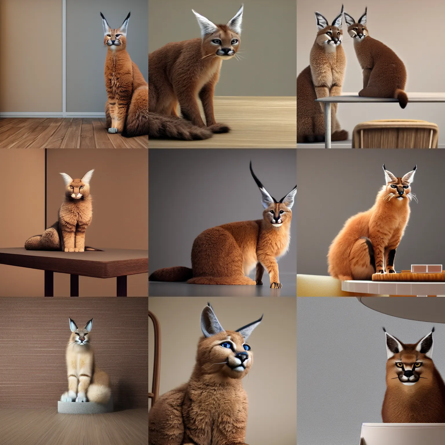 Prompt: wide-angle photo of fluffy cute caracal sitting on a chair near a table in a room, soaring speech bubble , octane render, 3d, 8k , hd, studio light