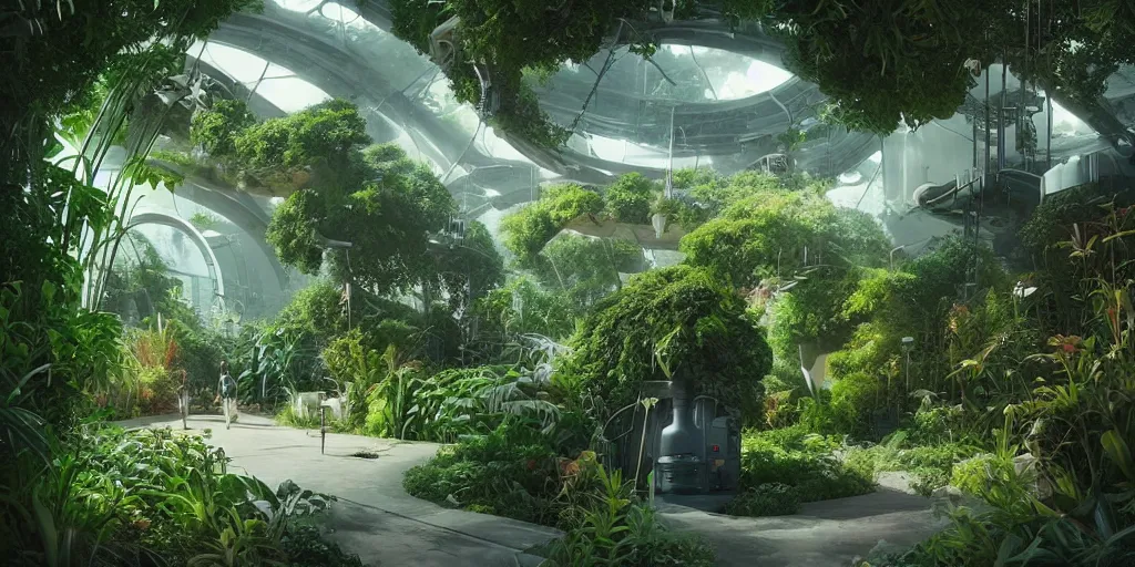 Image similar to solarpunk garden, sci - fi, plants, greenery, digital art by beeple