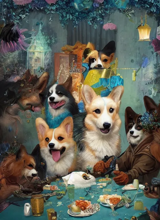 Prompt: beautiful fantasy painting scne of a chill summer corgi party, by Kenne Gregoire, James Jean, Tran Nguyen, WLOP, Jakub Rebelka. trending on Artstation, 8k, masterpiece, face enhance, graffiti paint, fine detail, full of color, intricate detail, golden ratio illustration