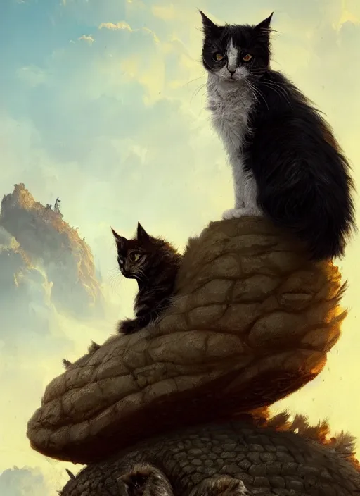 Image similar to Portrait of scruffy haired cat on a tall mountain sitting on a turtle, realistic, detailed, 4k by Greg Rutkowski Mark Arian trending on artstation