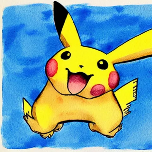 Image similar to a watercolor painting of a pikachu, ken sugimori