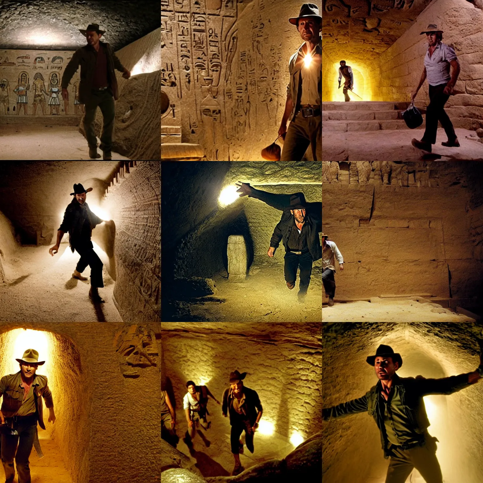 Prompt: indiana jones flees giant avacado in huge dusty egyptian tomb, perfectly lit. movie still