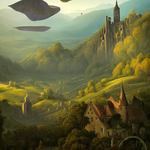 Image similar to Vast verdant valley surrounded by Transylvanian mountains, with a large zeppelin hovering in the foreground, and a ruined medieval castle on the hillside in the background. No villages. Late evening light in the summer, gloomy weather. Hyperrealistic, high quality, sharp, highly detailed, peter mohrbacher,.