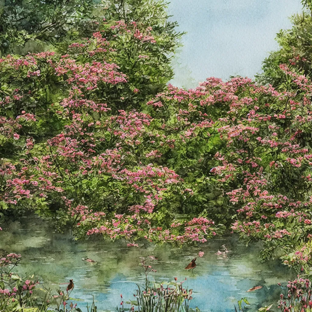 Prompt: isomeric view, delicate lake in a botanic garden, garden road, sparrows, temple in a botanical herbarium paper, watercolor colored painting, iridescent colors, 8 k, realistic shaded, fine details, artstation, italian style, colonnade, flowers, architecture, roma