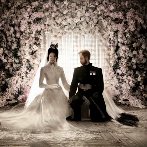 Image similar to A wide full shot, colored black and white Russian and Japanese mix historical fantasy a photograph portrait taken of inside the royal wedding floral covered venue inspired by a enchanted ethereal forest, photographic portrait, warm lighting, 1907 photo from the official wedding photographer for the royal wedding. ultra realistic, photorealistic, octane render, ray cinematic.