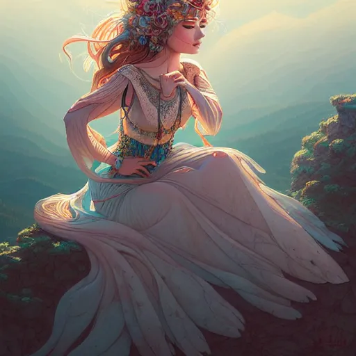 Image similar to ethereal ancient princess in the mountains, extremely detailed, sharp focus, wide view, full body shot, smooth, digital illustration, by james jean, by rossdraws, frank franzzeta, sakimichan