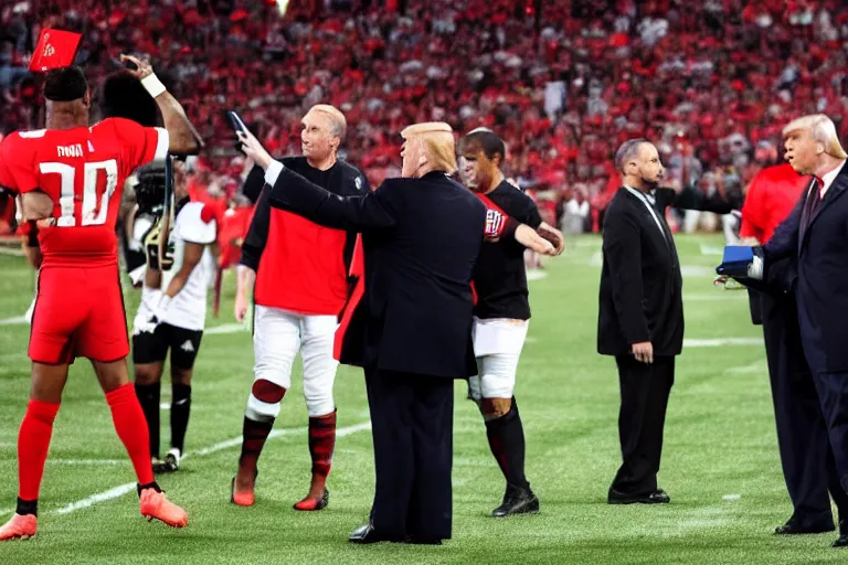 Image similar to r kelly referee giving red card to donald trump in football game