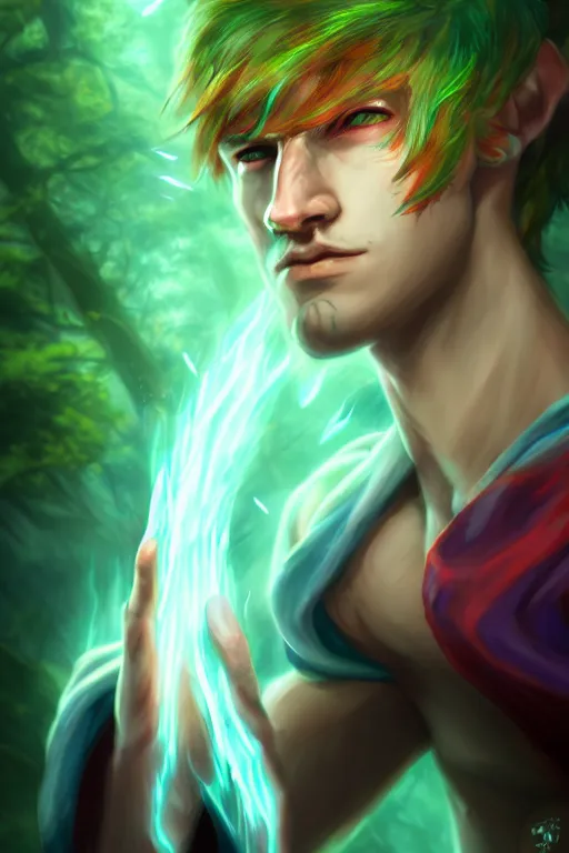 Prompt: a human elemental sorcerer, forest setting, colorful magic, male, white skin, young, sharp focus, concept art, dynamic lighting, unreal engine, by emylie boivin