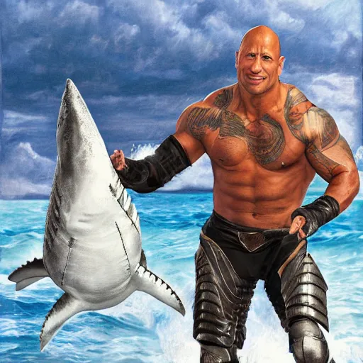 Image similar to dwayne johnson in armor fighting a shark, painted