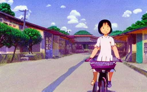 Prompt: a young girl riding a bike with a basket in a small town, 1970s philippines, art by hayao miyazaki, studio ghibli film, hi res, 4k, detailed!!!!!!! face!!!!!!!