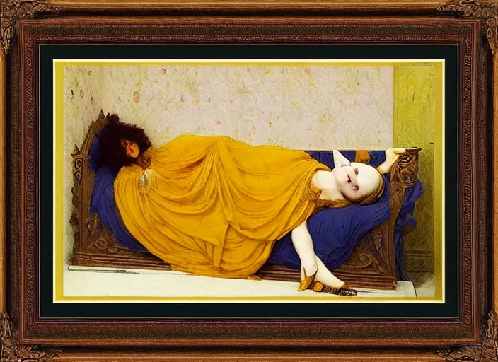 Image similar to portrait of raven reclining on bed wearing yellow ochre ornate medieval dress, foreshortening, framed, preraphaelite colour photography by frederic leighton, william morris, 8 k