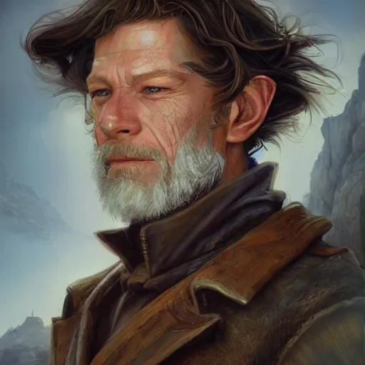 Image similar to portrait of a hobbit steampunk male, stephen lang, Cinematic lightning, D&D, fantasy, highly detailed, digital painting, sharp focus, illustration, art by artgerm and greg rutkowski and magali villeneuve