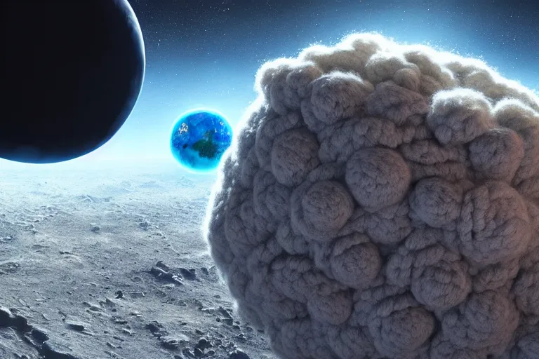 Image similar to an expedition of astronauts discovering a new fluffy planet made out of yarn. crochet, illustration, digital art, matte painting, by greg rutkowski, detailed, sharp, masterpiece, highly detailed, photorealistic, octane render, 8 k, unreal engine 5, trending on artstation