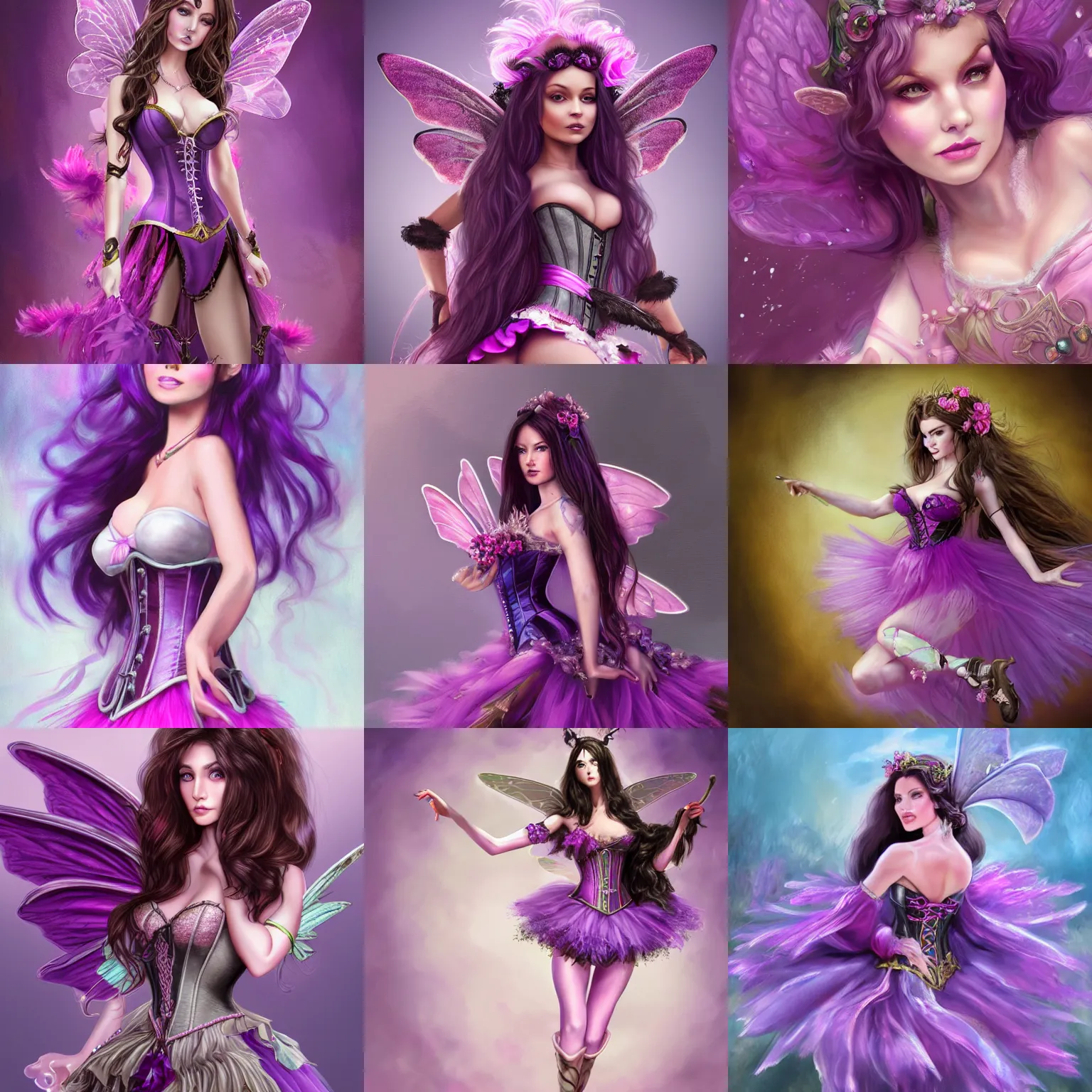 Prompt: brunette fairy woman with long hair, wearing a purple corset and pink tutu, fantasy, highly detailed, digital painting, trending on artstation, concept art, sharp focus, illustration, art by chloe schmid, shot from a birds eye camera angle