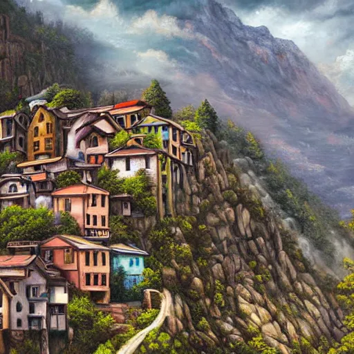 Prompt: fantasy stream punk dense city built into the side of a large mountain. houses and shops line the switchback roads along the mountain side. high quality, realistic oil painting