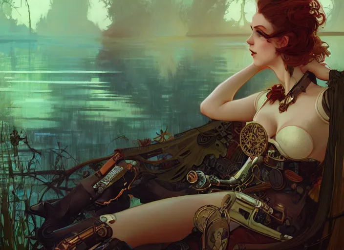 Image similar to woman model, steampunk!!! and modern, rgb, lake with trees, backlit, elegant, highly detailed, digital painting, artstation, concept art, smooth, sharp focus, illustration, art by krenz cushart and artem demura and alphonse mucha