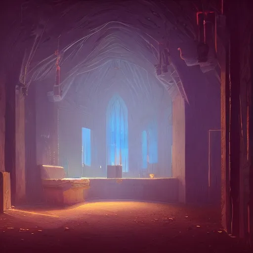 Prompt: a beautiful painting of the interior of a dungeon dimly lit with sources of blue and golden lights, Mike Winkelmann, german romanticism, Trending on artstation