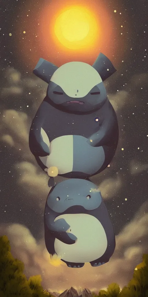 Image similar to giant glowing snorlax totoro, mountain landscape, night sky, digital art, digital painting, celestial, majestic, colorful