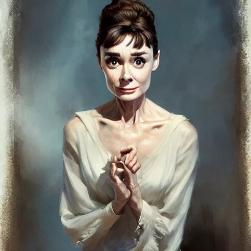 Image similar to audrey hepburn in a horror novel, inside haunted mansion, various scenarios, looking for the way out, highly detailed, digital painting, artstation, art by gaston bussiere, greg rutkowski, j. c. leyendecker, robert hubert