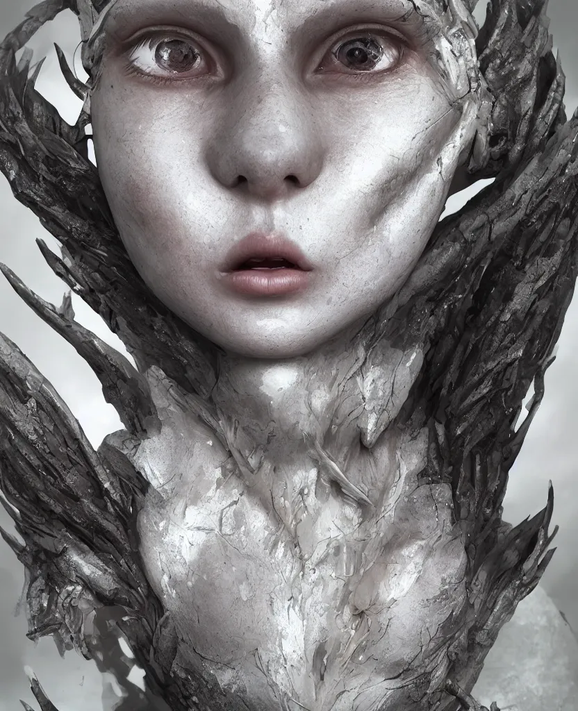 Prompt: fantasy, female humanoid creature, porcelain skin, symmetrical beautiful human face, plant armour, wide simple horned insect headpiece covering forehead, button nose, full lips, large cute anime eyes, stylised, bust, hyper detailed, octane render, realistic, global illumination, subsurface scattering, rim light, by greg rutkowski, boichi