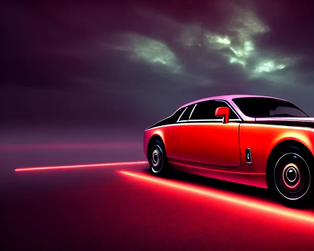 Image similar to future rolls royce car with red neon, full frame, dark and mysterious, atmospheric, ominous, eerie, cinematic light, epic, 8 k 3 d, ultra detail, ultra realistic, by wlop, by mucha, by giger