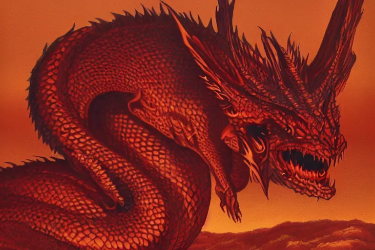 Prompt: red scaled dragon facing camera by larry elmore and vincent di fate