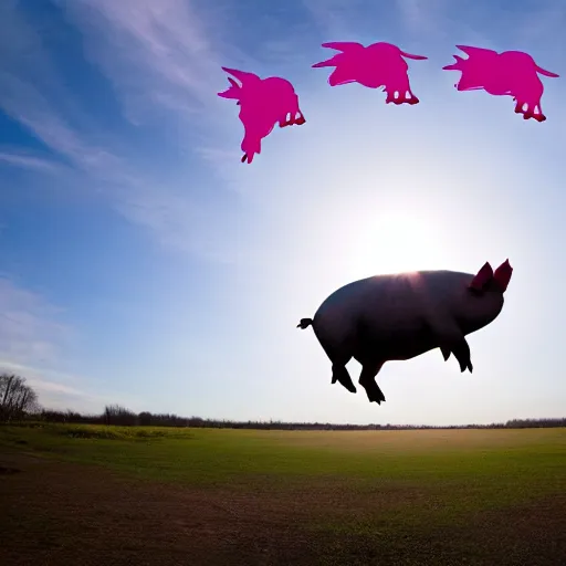 Image similar to national geographic photograph of a flying pig with big pink wings, soaring through the sky, flying above other pigs. daylight, outdoors, wide angle shot