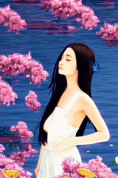 Image similar to mysterious girl with her long black hair dressed in a simple white dress swimming in a lake with flowers, anime art style, digital art by ilya kuvshinov, inspired by balthus, hd, 4 k, hyper detailed, side view