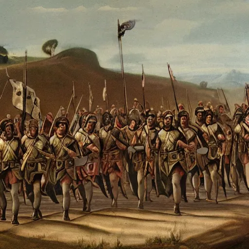 Image similar to a schoolbook image of the roman army marching through a desert.