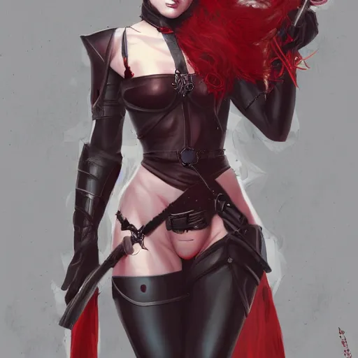 Prompt: a red haired, red eyed woman, dark leather armor, holding a bow, by ingrit lima and june jenssen, artstation, behance