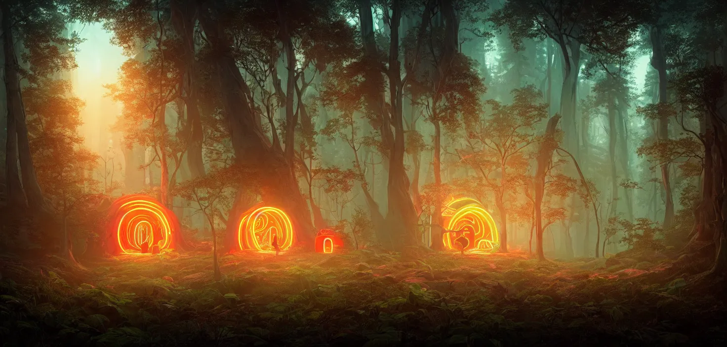 Prompt: random scary forest house landscape, round glowing multicoloured neon portal, central symmetrical composition, incredible, vector art, octane render, fabulous, hyper detailed, random cinematic view, no noise, global illumination, warm lighting, volumetric, godrays, vivid, beautiful, by jordan grimmer