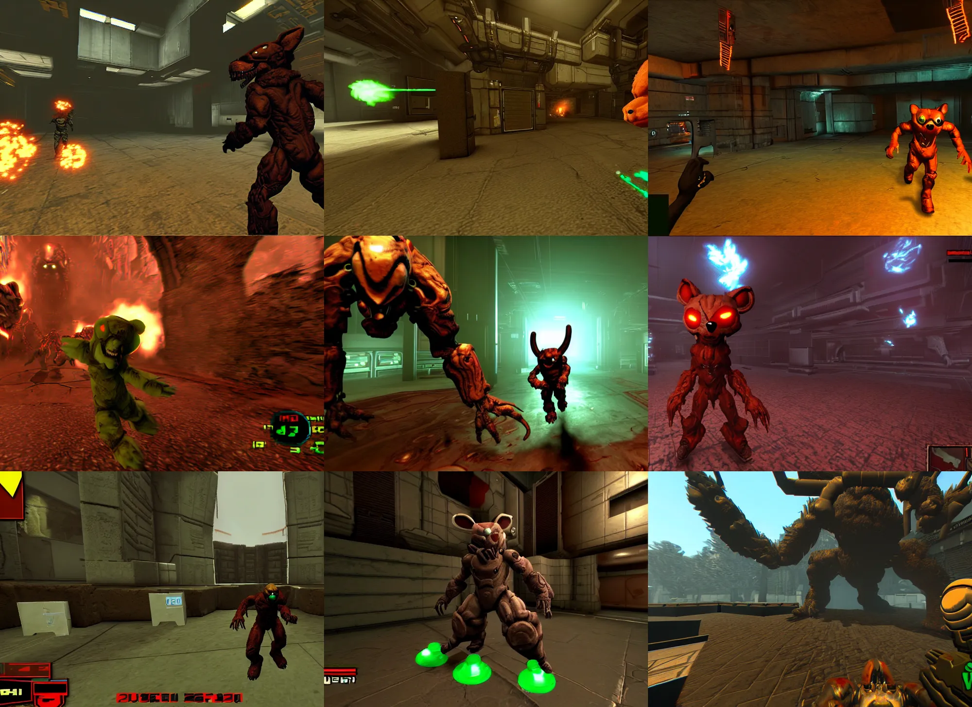 Prompt: Fursuit in a screenshot of the video game doom, the fursuit is running