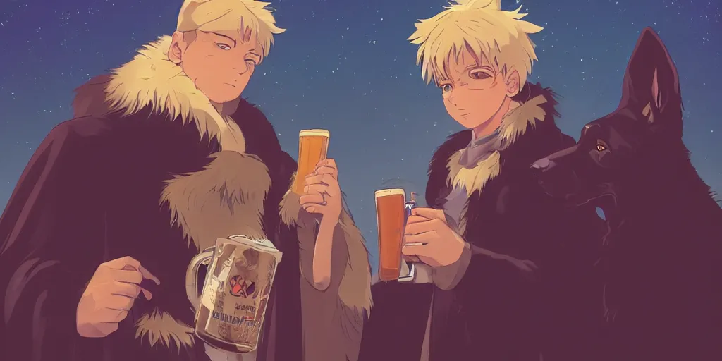 Image similar to a two german shepherds beast - men, holding a mug of beer, a lot of pockets, fur cape, tavern background, magical, bright, colorful, fantastic lighting, amazing details, 4 k uhd, illustration by hayao miyazaki and makoto shinkai and ilya kuvshinov, artstation, pixiv,