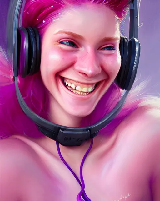 Prompt: cute female gamer smiling with perfect teeth, perfect face, pink headphones, purple halter top, ginger hair, abs, cinematic, stunning, athletic, strong, agile, highly detailed, psychedelic, digital painting, artstation, smooth, hard focus, illustration, art by jessica rossier and and brian froud