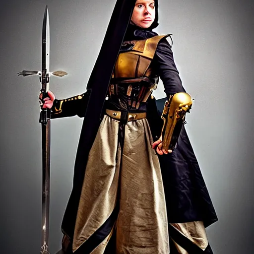 Image similar to photo of a steampunk nun warrior with holy weapons