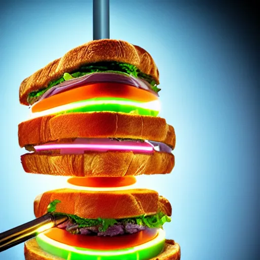 Image similar to an extremely high quality photo of a surreal radioactive surreal neon_lightsaber_sandwich, a hybrid lightsaber-sandwich filled with lightsaber_neons and sandwichlightsaberneontubes, neontubesauce drizzled, drooping lightsaber_lettuce, glowing_sandwich filled with lights, promotional photo, 4k food photography