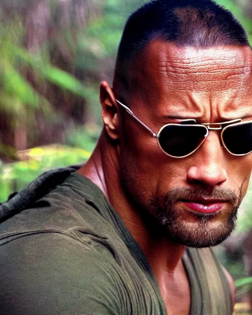 Prompt: film still close - up shot of dwayne johnson from the movie predator. photographic, photography. wearing sunglasses