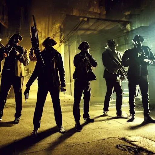 Prompt: 8 mafia members standing in a darkly lit alley way with tommy guns and bags of money on the floor, cinematic, dynamic lighting, cool, tactical, raining, photorealistic, stunning, detailed