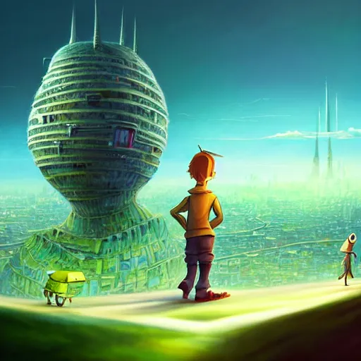 Image similar to gediminas pranckevicius an adventurous boy ( facing the camera ) and his small robot friend, futuristic city backgrond, eleborate composition with foreground and background, depth of field, fantasy illustration by kyoto studio, don bluth!!!, square enix, cinematic lighting