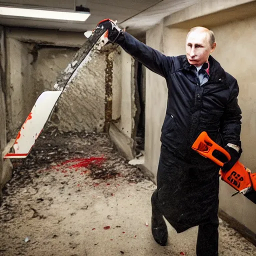 Image similar to putin with a chainsaw and a corpse. in a concrete bunker. focus on putins face with blood splatters. canon eos r 3, f / 1. 4, iso 1 6 0 0, 1 / 8 0 s, 8 k, raw, grainy