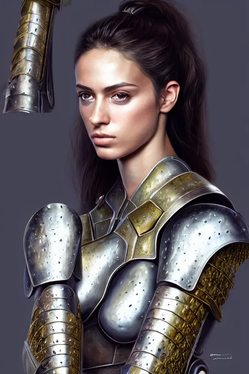 Image similar to a photorealistically painted portrait of an attractive young female, partially clothed in metal-plated battle armor, abstract background, flawless olive skin, fair complexion, long dark hair, beautiful bone structure, perfectly symmetric facial features, perfect photorealistic eyes, natural physique, intricate, elegant, digital painting, concept art, finely detailed, beautifully illustrated, sharp focus, minimal artifacts, volumetric lighting, from Metal Gear, by Ruan Jia and Mandy Jurgens and Artgerm and William-Adolphe Bouguerea, in the style of Greg Rutkowski, trending on Artstation, award winning art