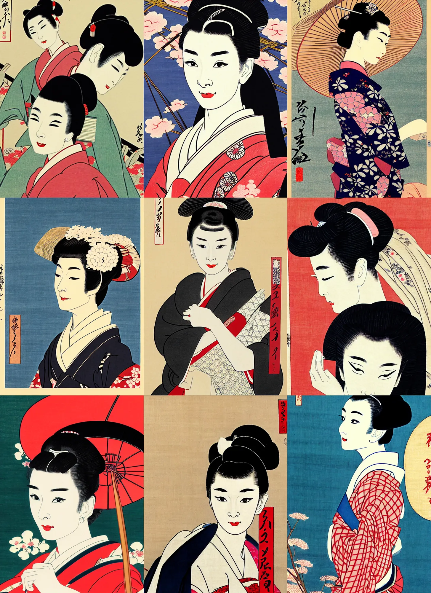 Prompt: audrey hepburn as maiko in ukiyo - e art painting by shimura tatsumi, 4 k, ultra detailed