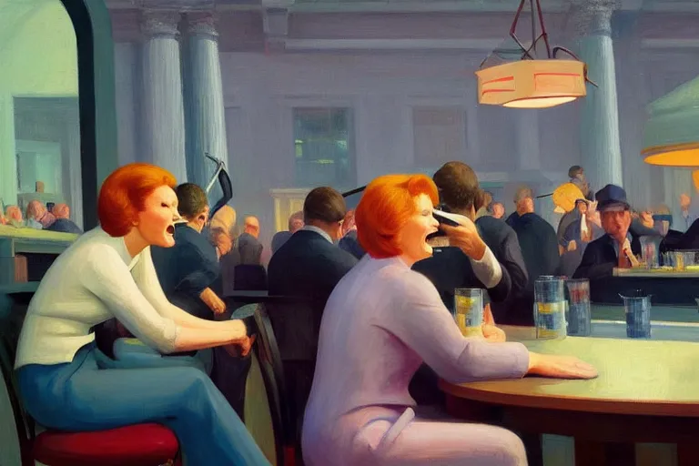 Image similar to bears screaming on the floor of the NYSE as the markets rally to all-time-highs, painting by Edward Hopper, 3D rendering by Beeple, lead guitar by Betty White