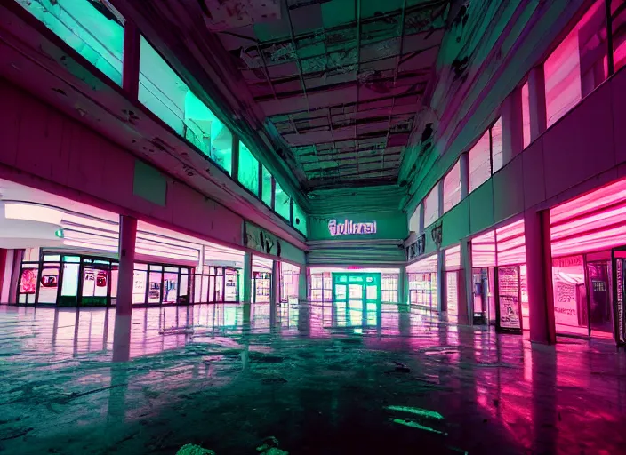 Prompt: inside a huge abandoned mall with high contrast neon lights, highly detailed, 8 k, hdr, award - winning, octane render, trending on artstation, volumetric lighting