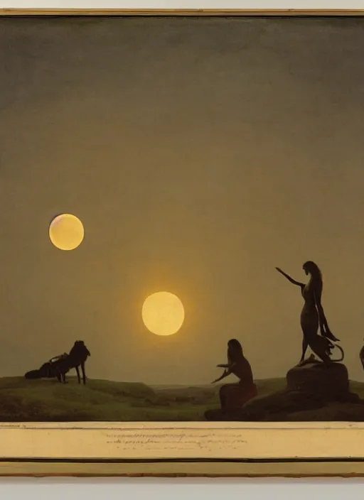 Prompt: three backlit silhouettes of ancient greek venus observing an eclipse at dusk, painted by caspar david friedrich