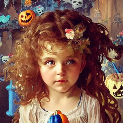 Image similar to a cute happy little girl with light brown wavy curly hair and blue eyes sitting amidst piles of halloween decorations. beautiful cute highly detailed face. halloween themed painting by artgerm and greg rutkowski and alphonse mucha.