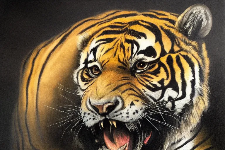 Image similar to A dark, brooding painting of a snarling tiger in the style of Salvador Dali, high-quality, professional, dramatic lighting, extremely high detail, trending on artstation