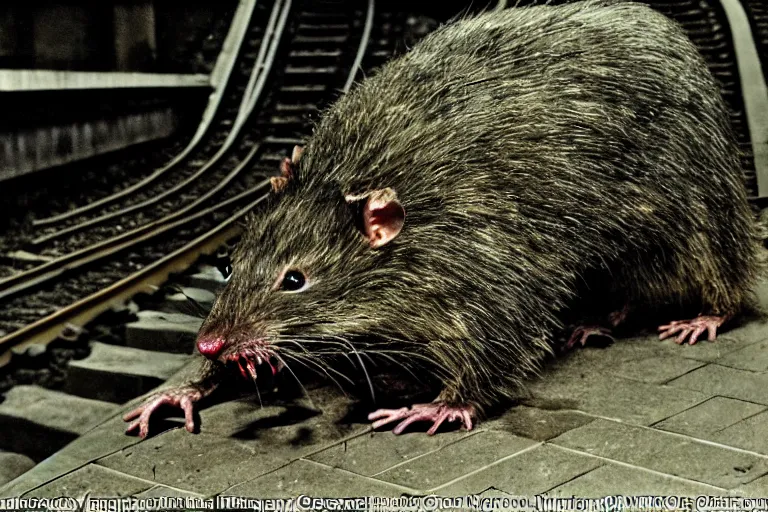 Prompt: very large giant mutant zombie irradiated ( angry rat ) staying on railways in tonnel of moscow subway. tonnel, railways, giant angry rat, furr, fangs, claws, very realistic. extreme long shot, 1 6 mm lens, herman nitsch and herman nitsch, giger.