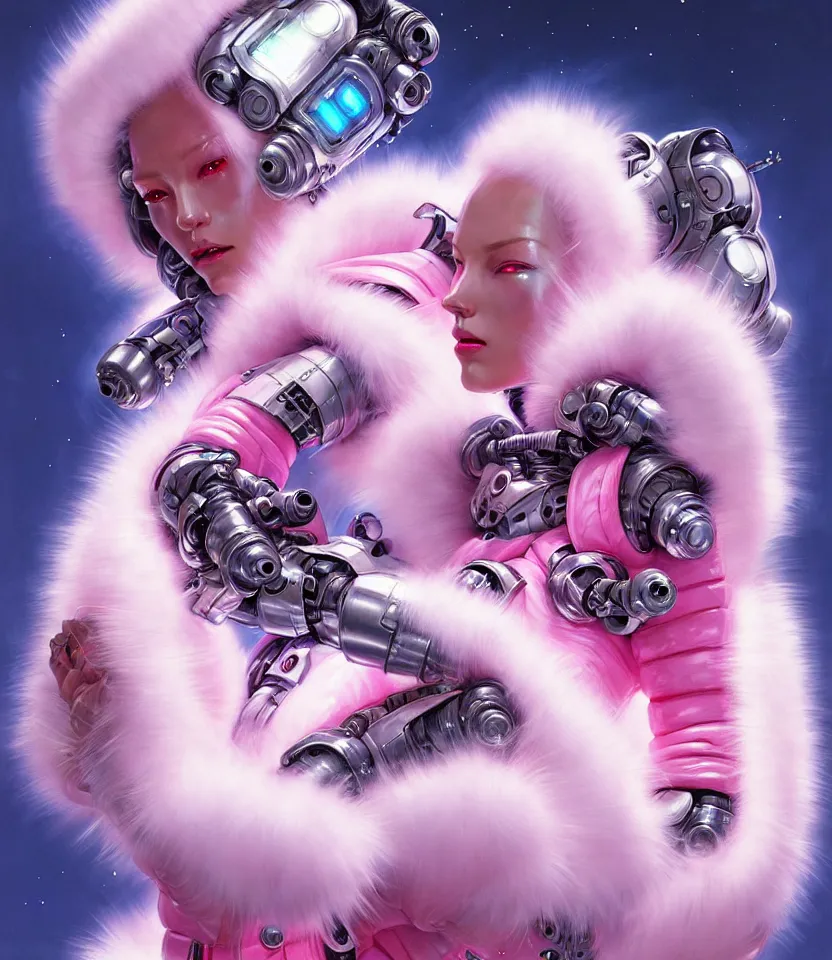 Image similar to beautiful fantasy character portrait of a female cyborg, wearing pink puffy bomber jacket with white fur, seductive reclining pose, lasers, ultra realistic, dramatic lighting, robots, the fifth element artifacts, highly detailed by peter mohrbacher, hajime sorayama, wayne barlowe, boris vallejo, aaron horkey, gaston bussiere, craig mullins
