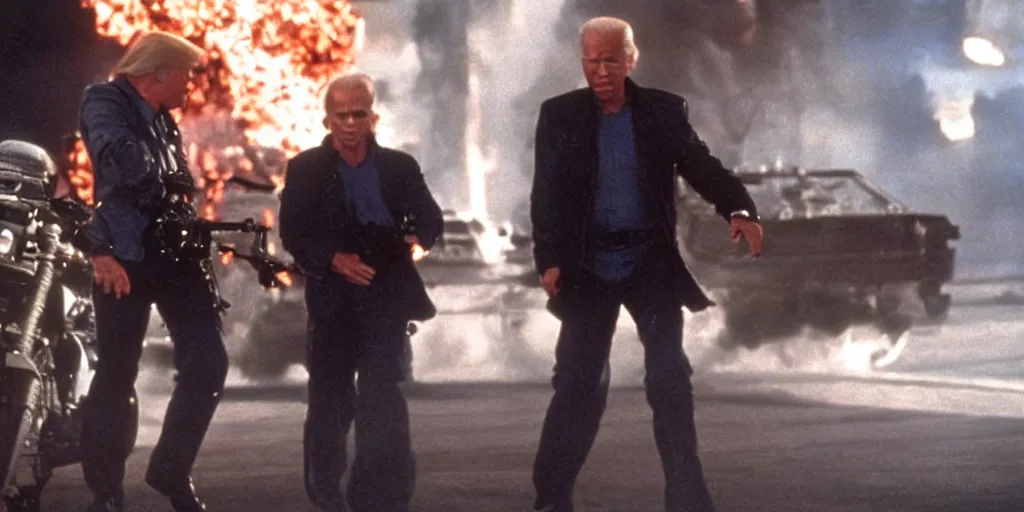 Prompt: joe biden in the terminator shooting terminator donald trump, cinematic, two characters, highly detailed, photorealistic, cinematic lighting, James Cameron,